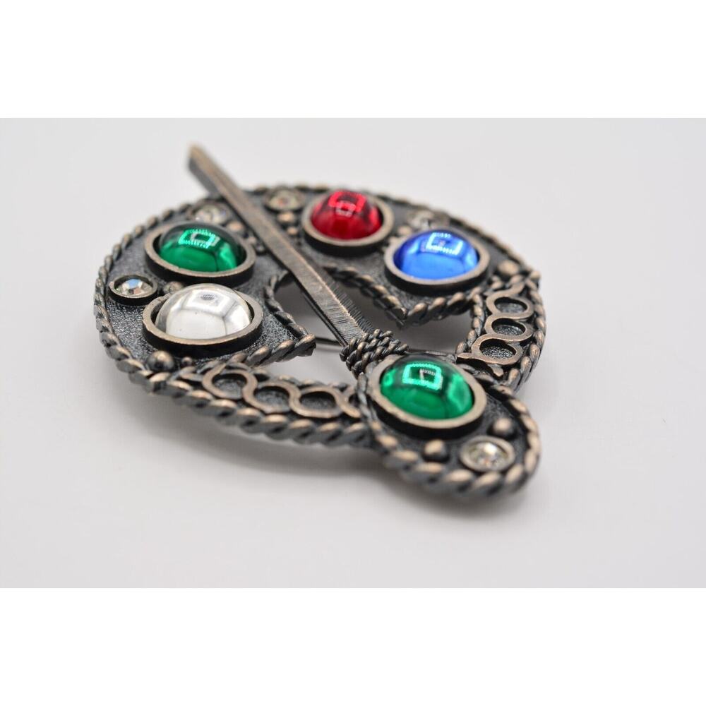 Vintage Pin Brooch Cabochon Large Heavy Celtic Ardagh Red Blue Chunky 70s BinAJ - Picture 7 of 12